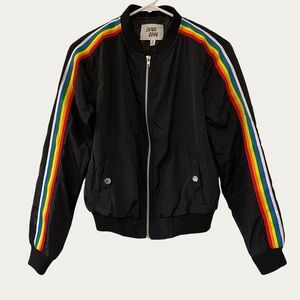 Outer Edge 80’s/90’s Women’s Small Black Bomber Jacket Rainbow Stripes Rave
